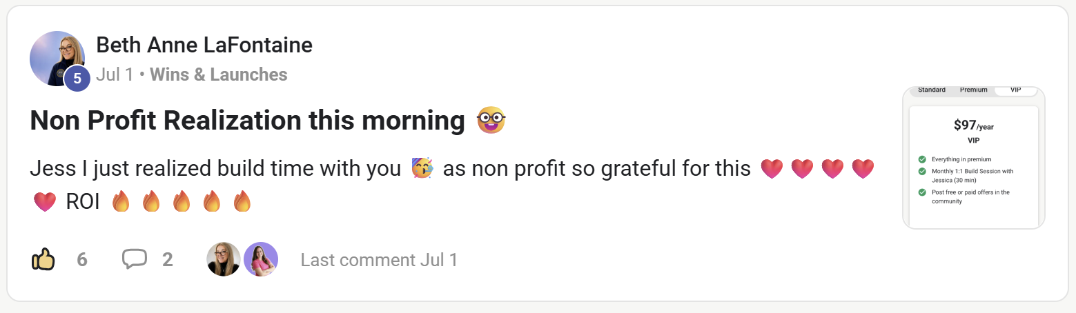 Member celebrating a non-profit win in the Wins & Launches channel
