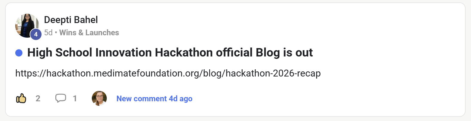 Member announcing a high school innovation hackathon recap blog