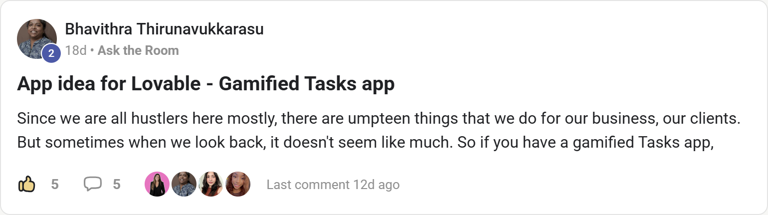 Member sharing a gamified tasks app idea in Ask the Room
