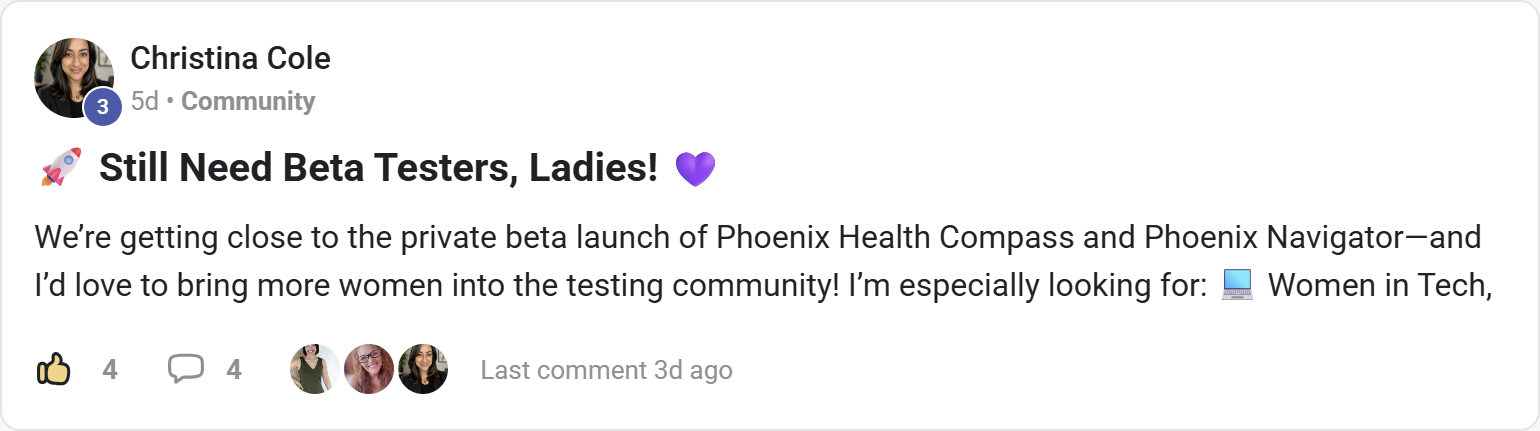 Member post asking for beta testers for a health tech product